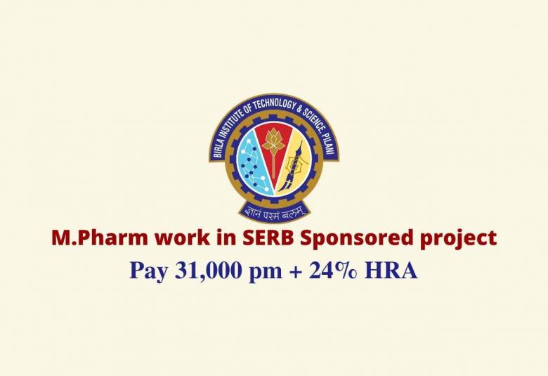 Opportunity for M.Pharm to work in SERB Sponsored project