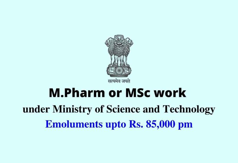 M.Pharm or MSc work under Ministry of Science and Technology, THSTI