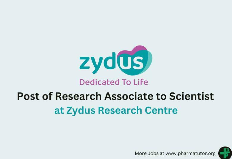 Inviting applications for post of Research Associate to Scientist at Zydus Research Centre