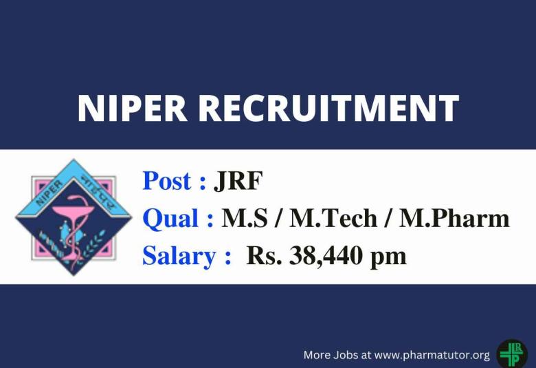 Opportunity for M.Pharm, M.Tech, MSc as JRF at NIPER