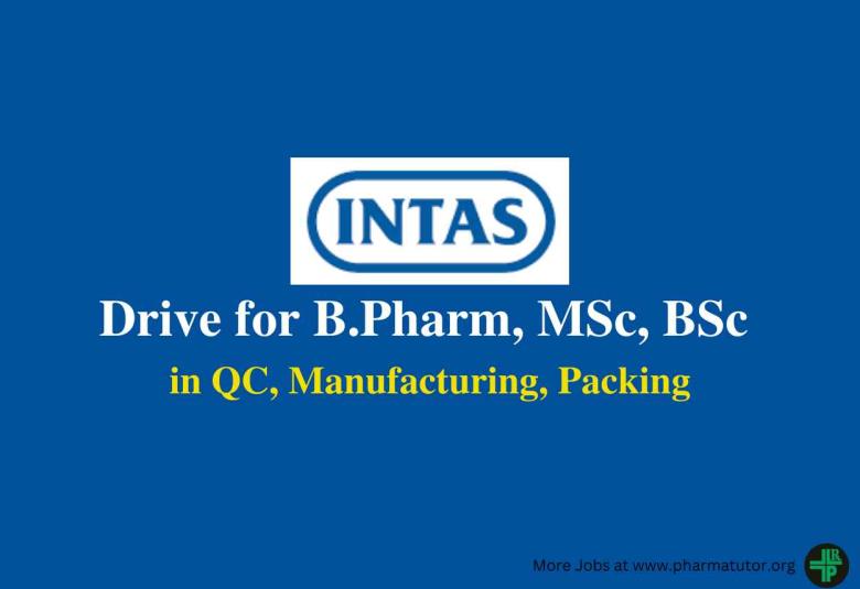 Walk in Drive for B.Pharm, MSc, BSc in QC, Manufacturing, Packing at Intas Pharma