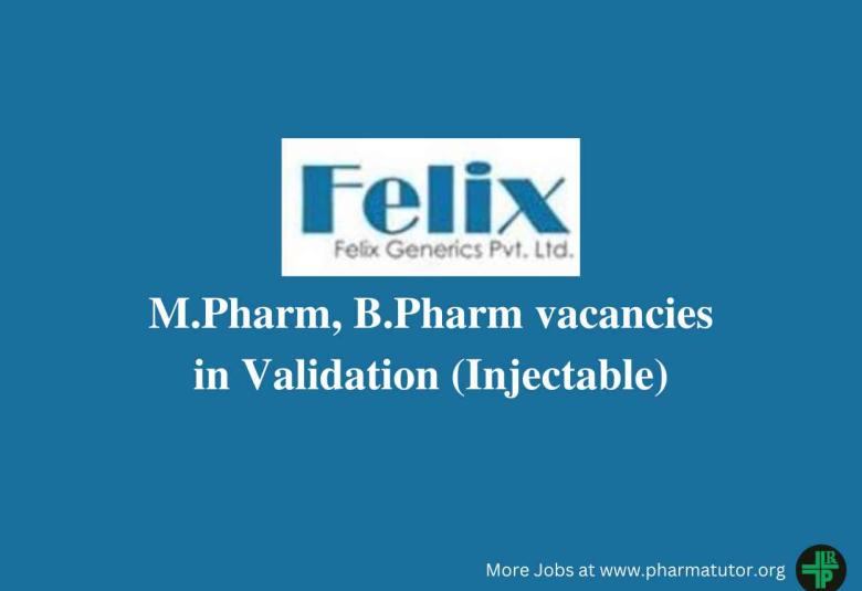 Vacancy for B.Pharm, M.Pharm in Validation at Felix Generics Private Ltd