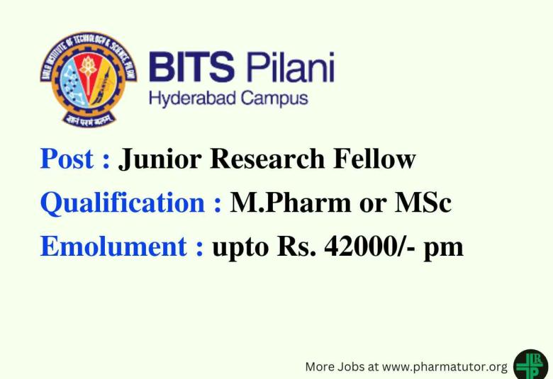 Opportunity for M.Pharm or MSc in the DBT funded project at BITS