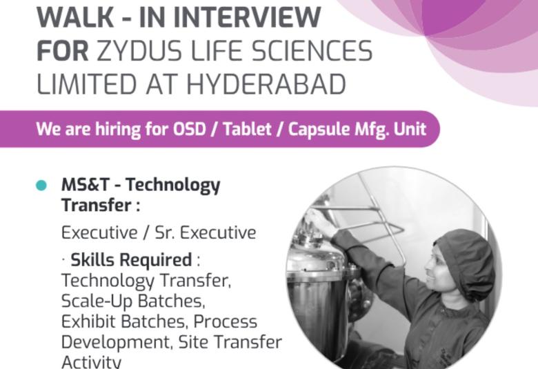 Walk in Drive for B.Pharm, M.Pharm in Technology Transfer at Zydus Lifesciences