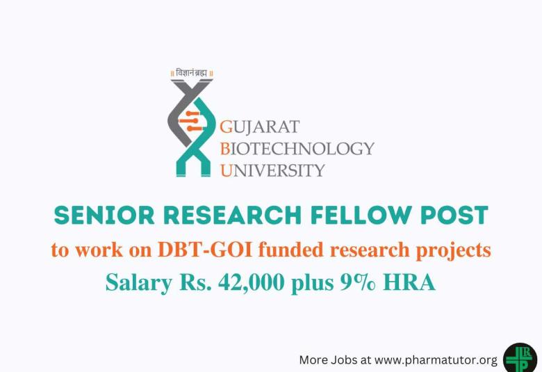 Applications are invited for the post of Senior Research Fellow at Gujarat Biotechnology University