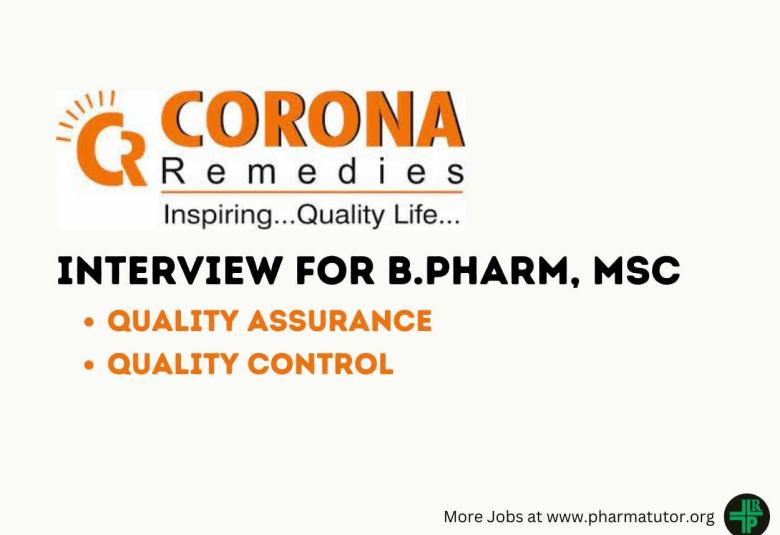 Walk in Drive for B.Pharm, MSc in QA, QC at CORONA Remedies