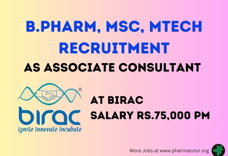 Job for B.Pharm, MSc, MTech as Associate Consultant at BIRAC