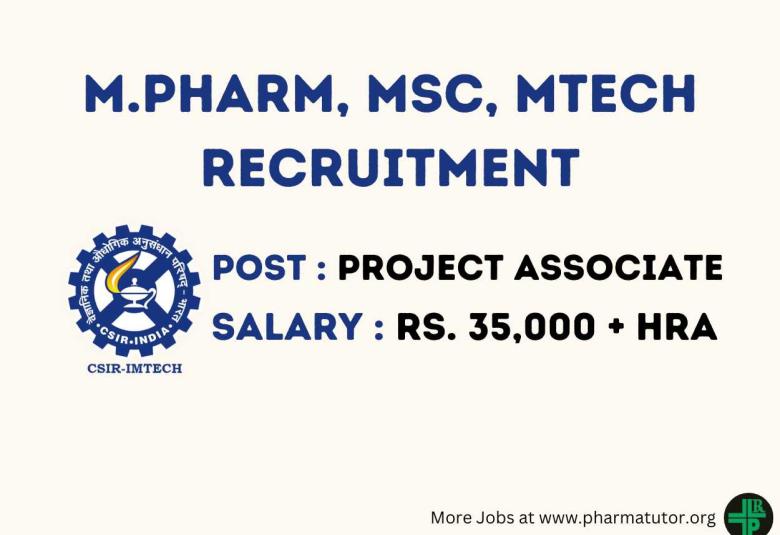 Vacancy for M.Pharm, MSc, MTech as Project Associate at IMTech