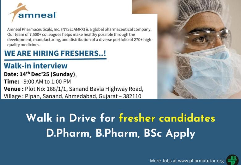 Amneal Pharma Walk in Drive for fresher candidates
