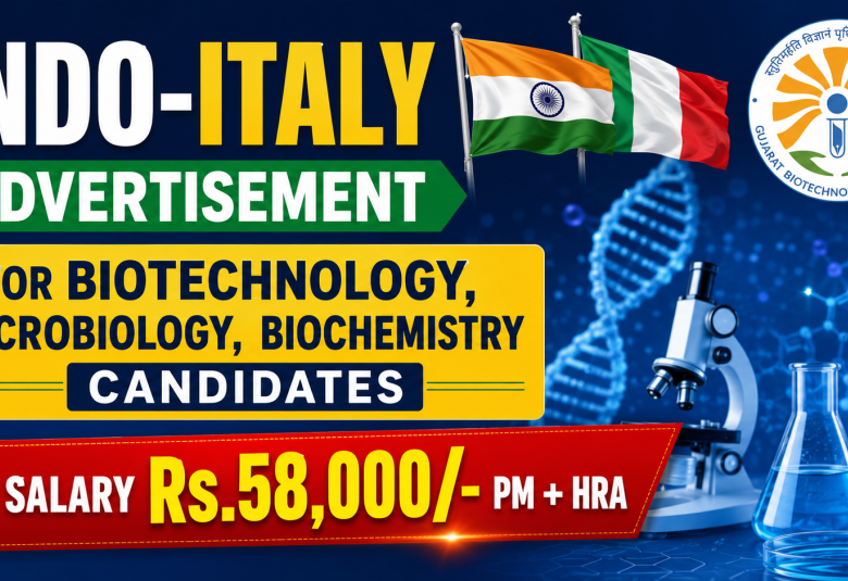 Indo-Italy Advertisement for Biotechnology, Microbiology, Biochemistry candidates at Gujarat Biotechnology University