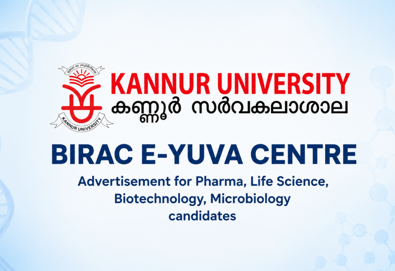 Advertisement for Pharma, Life Science, Biotechnology, Microbiology candidates at BIRAC E-YUVA Centre, Kannur University