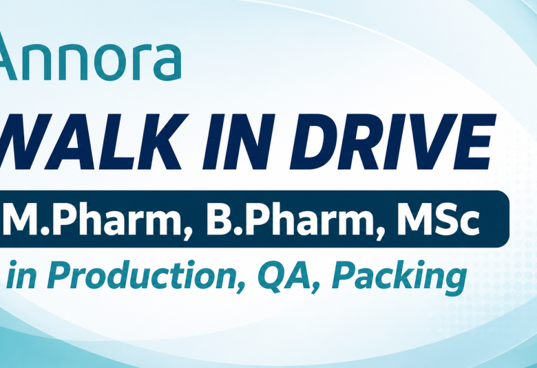 Annora Pharma Walk in Drive for M.Pharm, B.Pharm, MSc in Production, QA, Packing