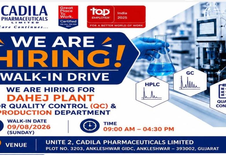 Hiring for Quality Control and Production Department at Cadila Pharmaceuticals