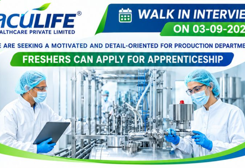 Hiring Freshers for Production Department at Aculife Healthcare