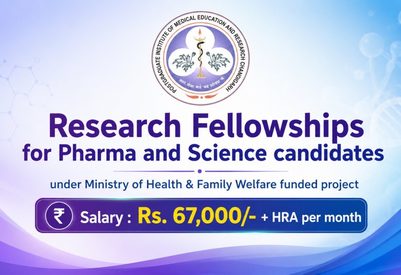 Research Fellowships for Pharma and Science candidates under Ministry of Health & Family Welfare funded project