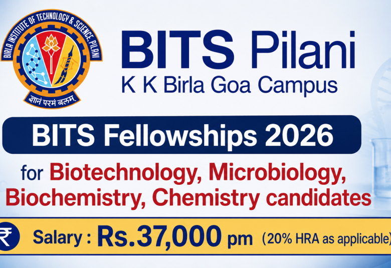 BITS Pilani Fellowships 2026 for Biotechnology, Microbiology, Biochemistry, Chemistry candidates