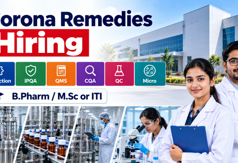 Corona Remedies hiring for Production, IPQA, QMS, CQA, QC, Micro departments
