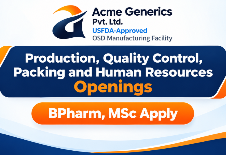 Production, Quality Control, Packing and Human Resources Openings at Acme Generics