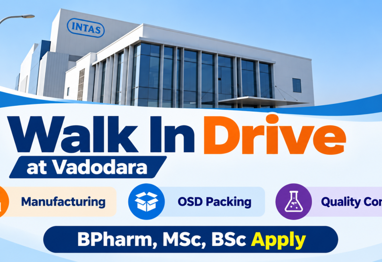 Walk In Drive at Vadodara in Manufacturing, OSD Packing, Quality Control at Intas Pharmaceuticals