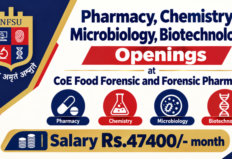 Advertisement for Pharmacy, Chemistry, Microbiology, Biotechnology at NFSU