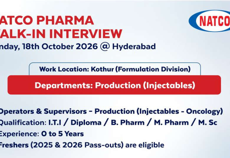 Natco Pharma Walk in Interview for Production