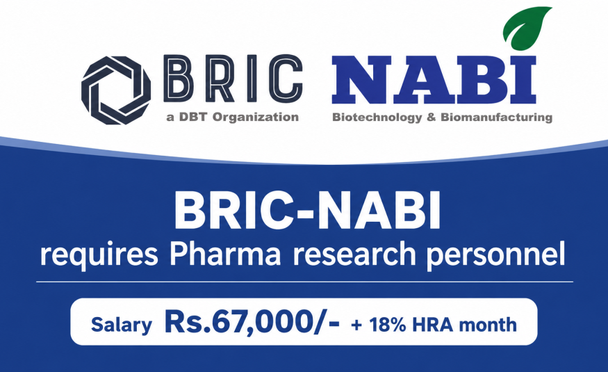 BRIC-NABI invites applications for Pharma Research Associateship | NABI is an autonomous Institute under the Department of Biotechnology, Government