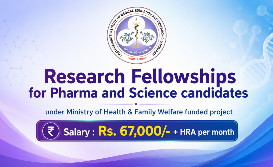 Research Fellowships for Pharma and Science candidates under Ministry of Health & Family Welfare funded project