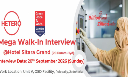 Mega Walk In Interview for Pharma and Science candidates at Hetero