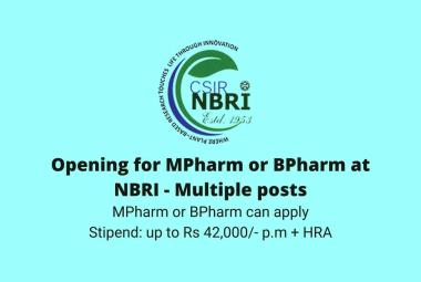 Opening for MPharm or BPharm at NBRI - Multiple posts