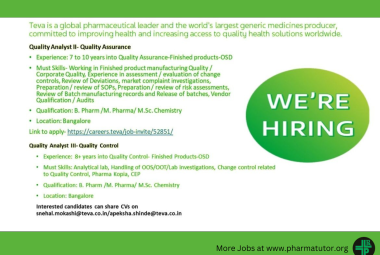 Jobs for QA/QC at Teva pharma