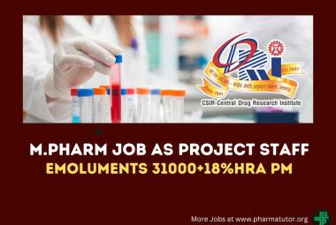 Vacancy for M.Pharm as Project Staff at Central Drug Research Institute