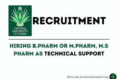 Opportunity for B.Pharm or M.Pharm, M.S Pharm as Technical Support at Central University of Punjab