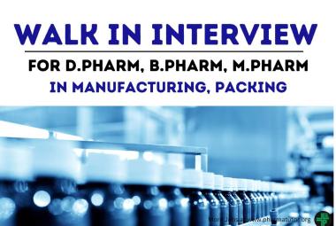 Walk In Drive for D.Pharm, B.Pharm, M.Pharm in Manufacturing, Packing at Intas Pharma