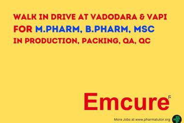 Interview for M.Pharm, B.Pharm, MSc in Production, Packing, QA, QC at Emcure