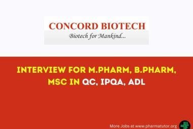 Interview for M.Pharm, B.Pharm, MSc in QC, IPQA, ADL at Concord Biotech