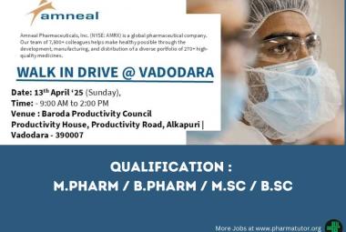 Amneal Pharma Hiring M.Pharm, B.Pharm, MSc in Injectable Manufacturing