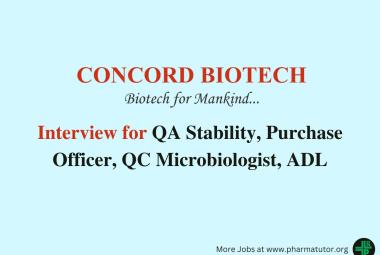 Interview for QA Stability, Purchase Officer, QC Microbiologist, ADL at Concord Biotech Limited