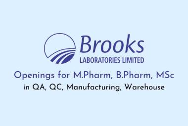 Openings for M.Pharm, B.Pharm, MSc in QA, QC, Manufacturing, Warehouse at Brooks Steriscience