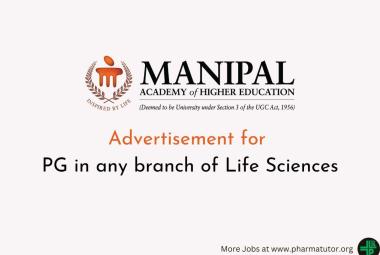 Advertisement for PG in any branch of Life Sciences at MAHE