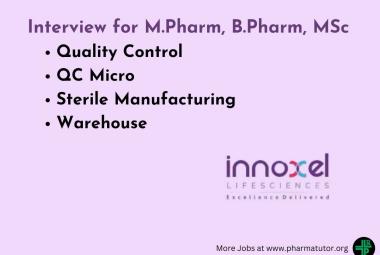 Interview for M.Pharm, B.Pharm, MSc in QC, Sterile Manufacturing, Warehouse at Innoxel Lifesciences