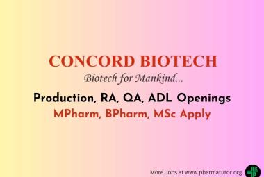 Openings in Production, Regulatory Affairs, QA, ADL at Concord Biotech