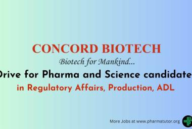 Walk In Drive for Pharma and Science candidates in Regulatory Affairs, Production, ADL at Concord Biotech