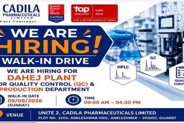 Hiring for Quality Control and Production Department at Cadila Pharmaceuticals