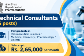 Applications invited for Technical Consultants (5 posts) at Department of Pharmaceuticals, Government | Postgraduate in Pharmaceutical Sciences / Medicinal Chemistry / Pharmacology / Biotech