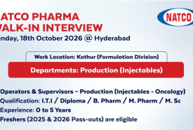 Natco Pharma Walk in Interview for Production (Injectables) - Freshers are eligible