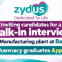 Zydus Life sciences Inviting candidates for a walk-in interview for Manufacturing plant at Baddi
