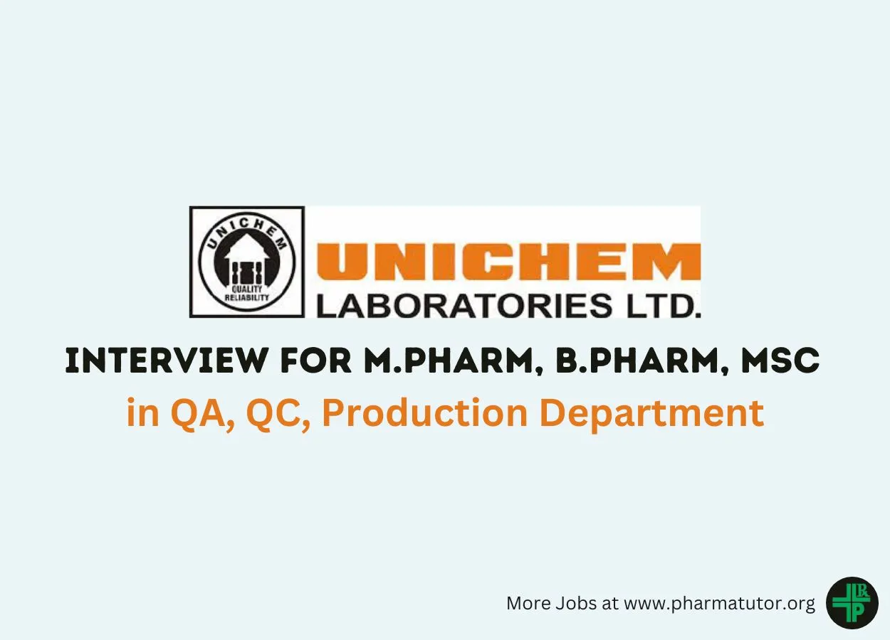 Walk in Drive for M.Pharm, B.Pharm, M.Sc in Production, QC, QA at Unichem Laboratories