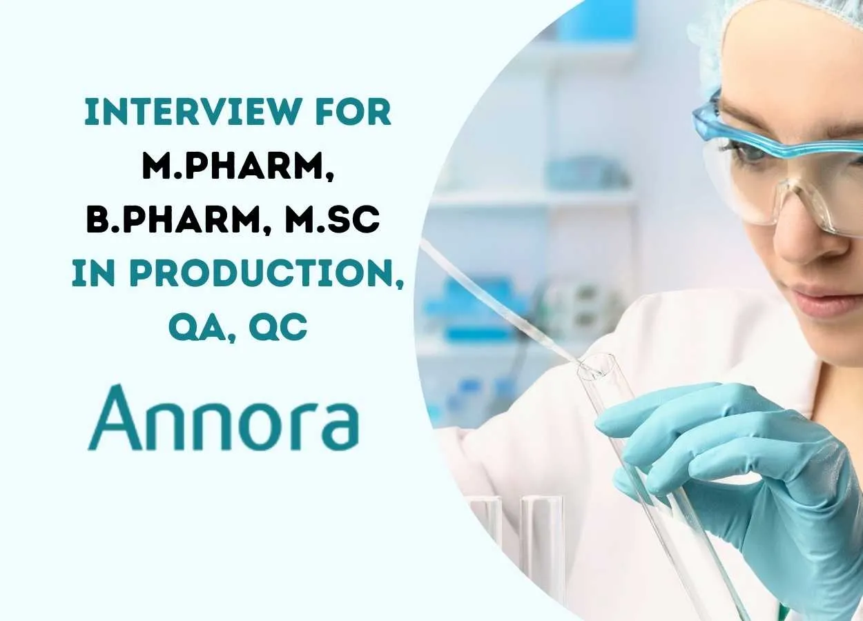 Interview for M.Pharm, B.Pharm, M.Sc in Production, QA, QC at Annora Pharma