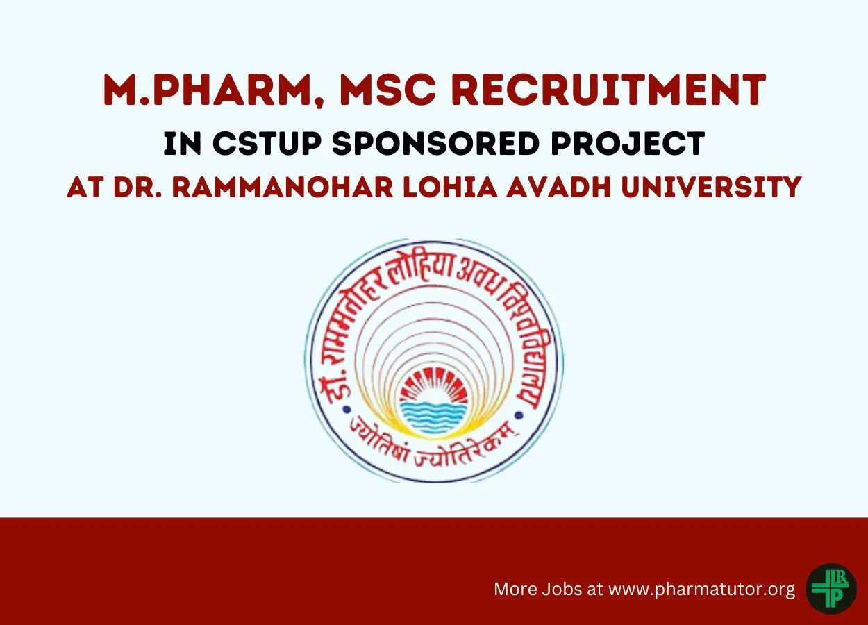 Opportunity for M.Pharm, MSc in CSTUP sponsored Project at Dr. Rammanohar Lohia Avadh University