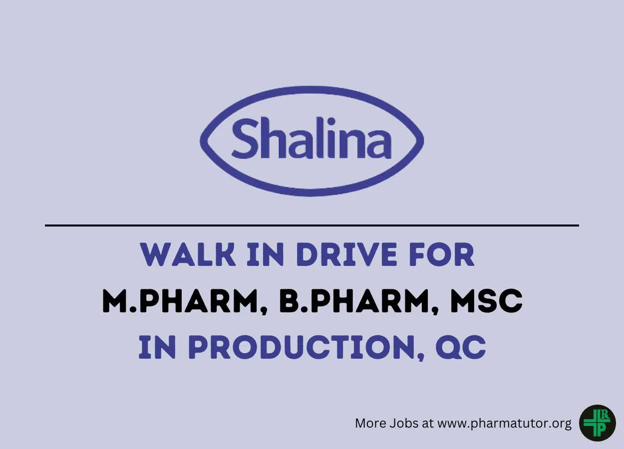 Walk In Drive for M.Pharm, B.Pharm, MSc in Production, QC at Shalina Laboratories